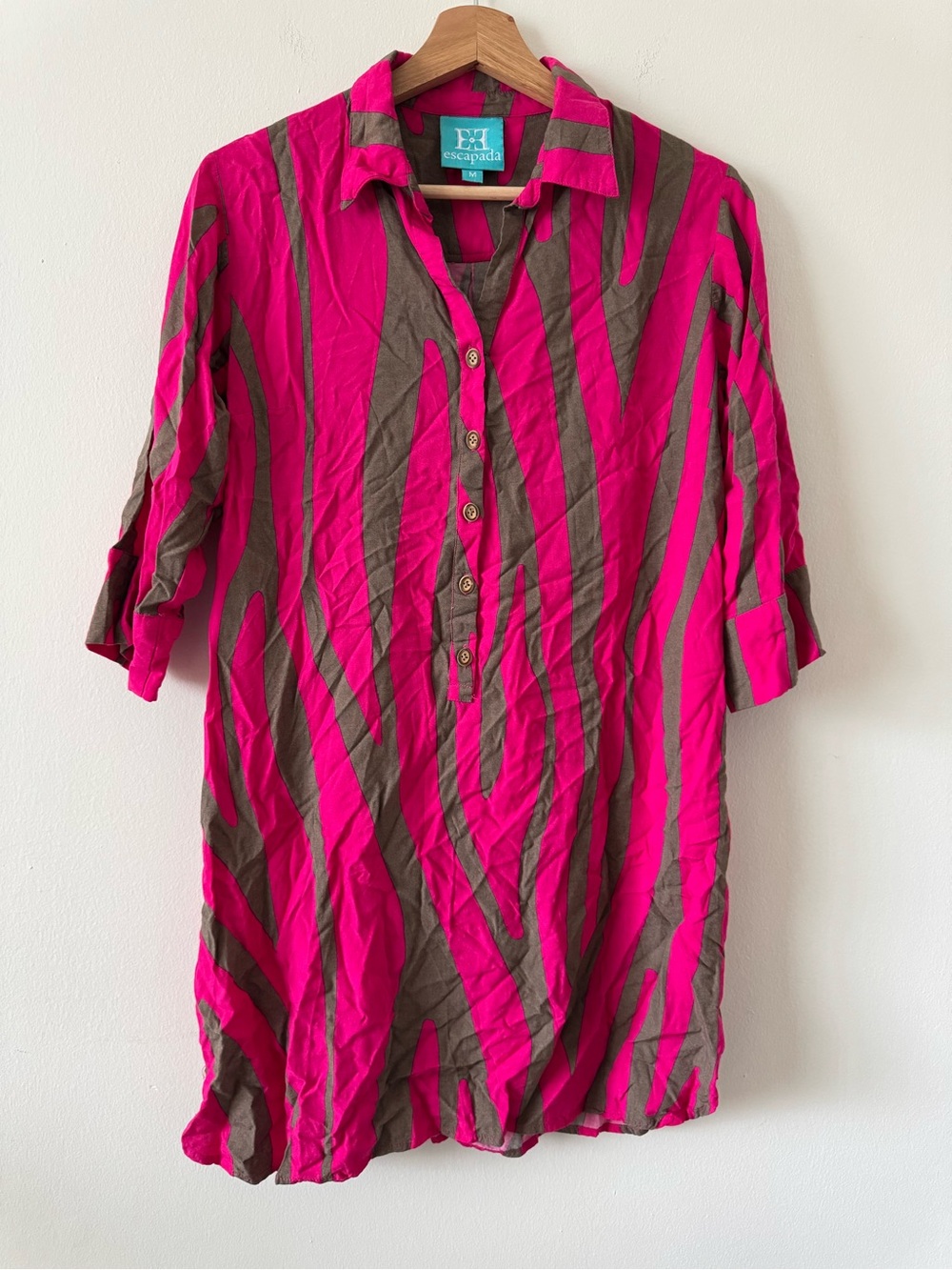 Escapada Hot Pink Brown Striped Tunic Shirt Size M Long Sleeve Resort Chic Top